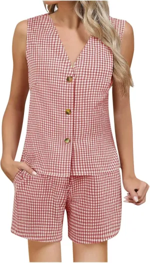 Women's Summer Sets Two Piece Vacation Outfits Business Casual Sets Button Down Vest and High Waist Shorts Loose Sets