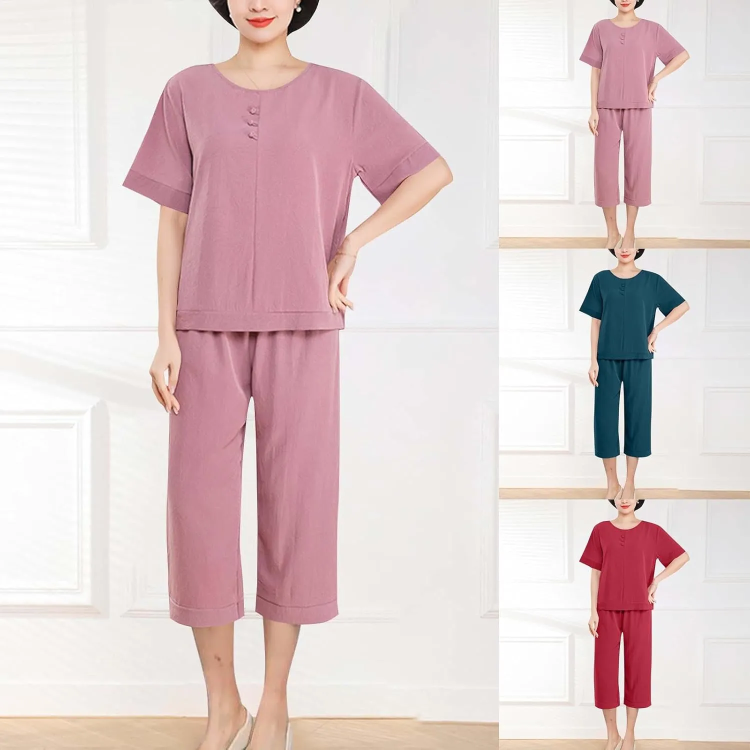 Women's Summer Short Sleeve Pajama Sets Loose Crewneck Sleepwear Tops & Comfy Capris Pjs Bottom 2 Piece Lounge Set
