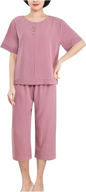Women's Summer Short Sleeve Pajama Sets Loose Crewneck Sleepwear Tops & Comfy Capris Pjs Bottom 2 Piece Lounge Set