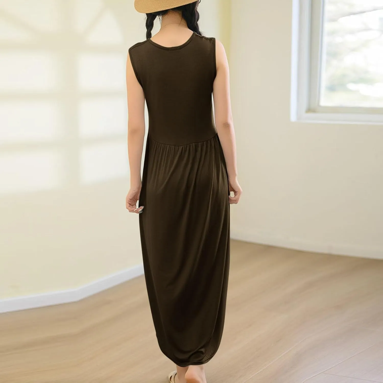 Women's Summer Sleeveless Nightgown Loose Crew Neck Pleated Sleepshirts Comfy Soft Modal Sleepwear Nightdress