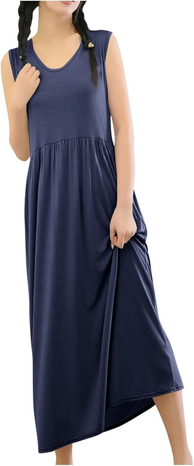 Women's Summer Sleeveless Nightgown Loose Crew Neck Pleated Sleepshirts Comfy Soft Modal Sleepwear Nightdress