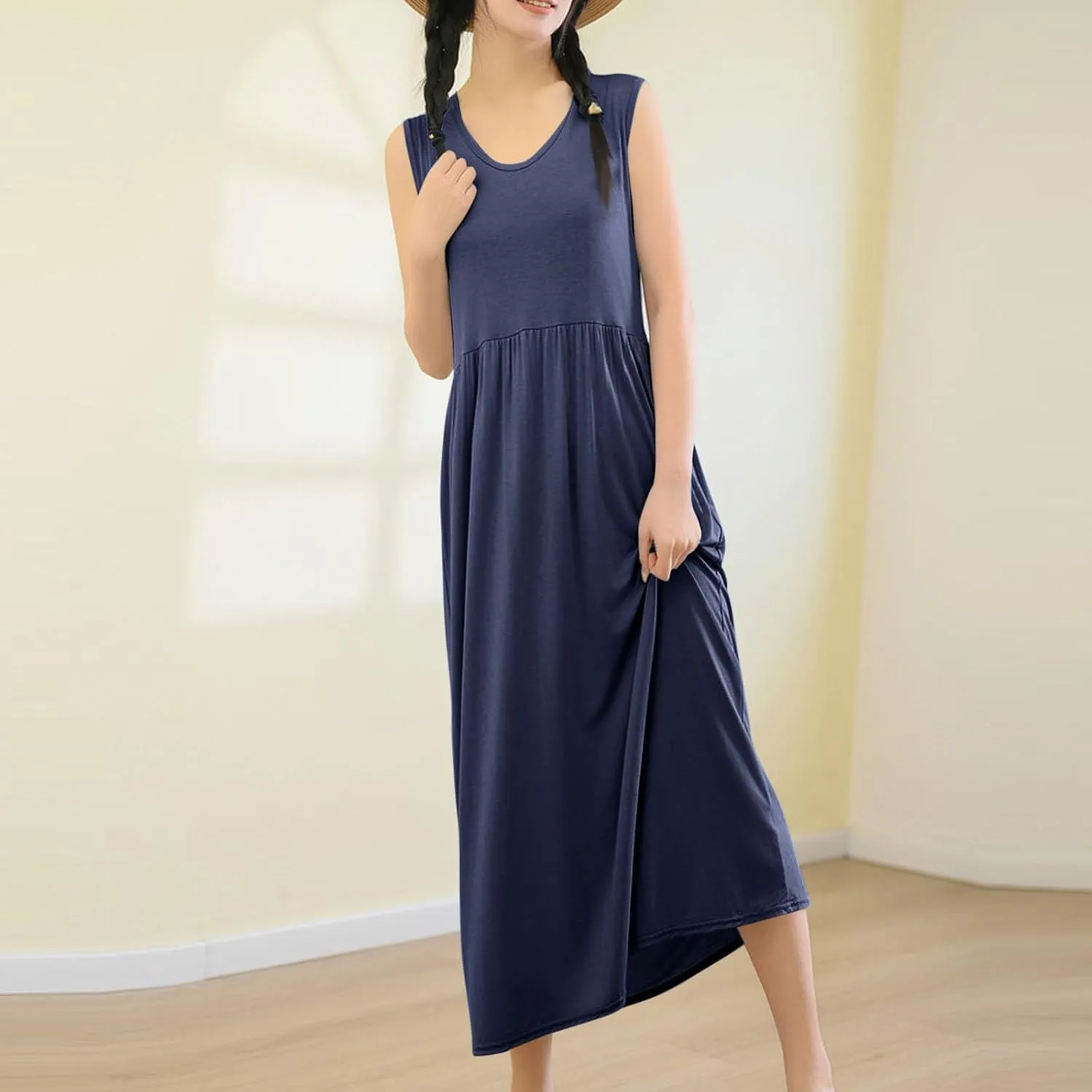 Women's Summer Sleeveless Nightgown Loose Crew Neck Pleated Sleepshirts Comfy Soft Modal Sleepwear Nightdress