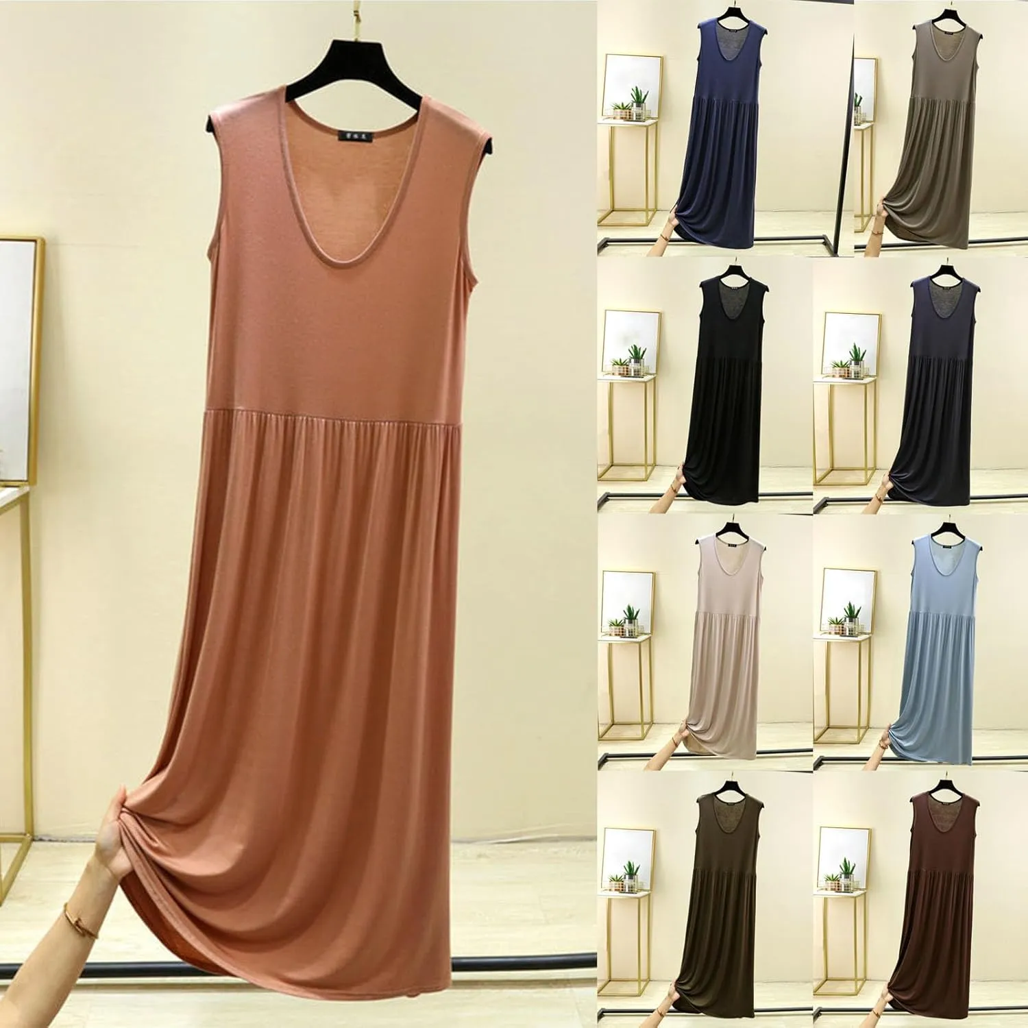 Women's Summer Sleeveless Nightgown Loose Crew Neck Pleated Sleepshirts Comfy Soft Modal Sleepwear Nightdress