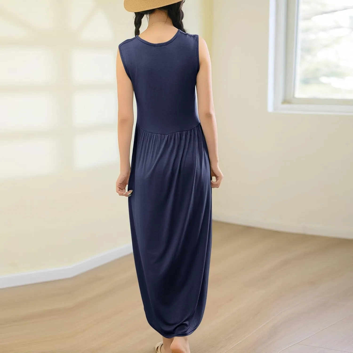 Women's Summer Sleeveless Nightgown Loose Crew Neck Pleated Sleepshirts Comfy Soft Modal Sleepwear Nightdress