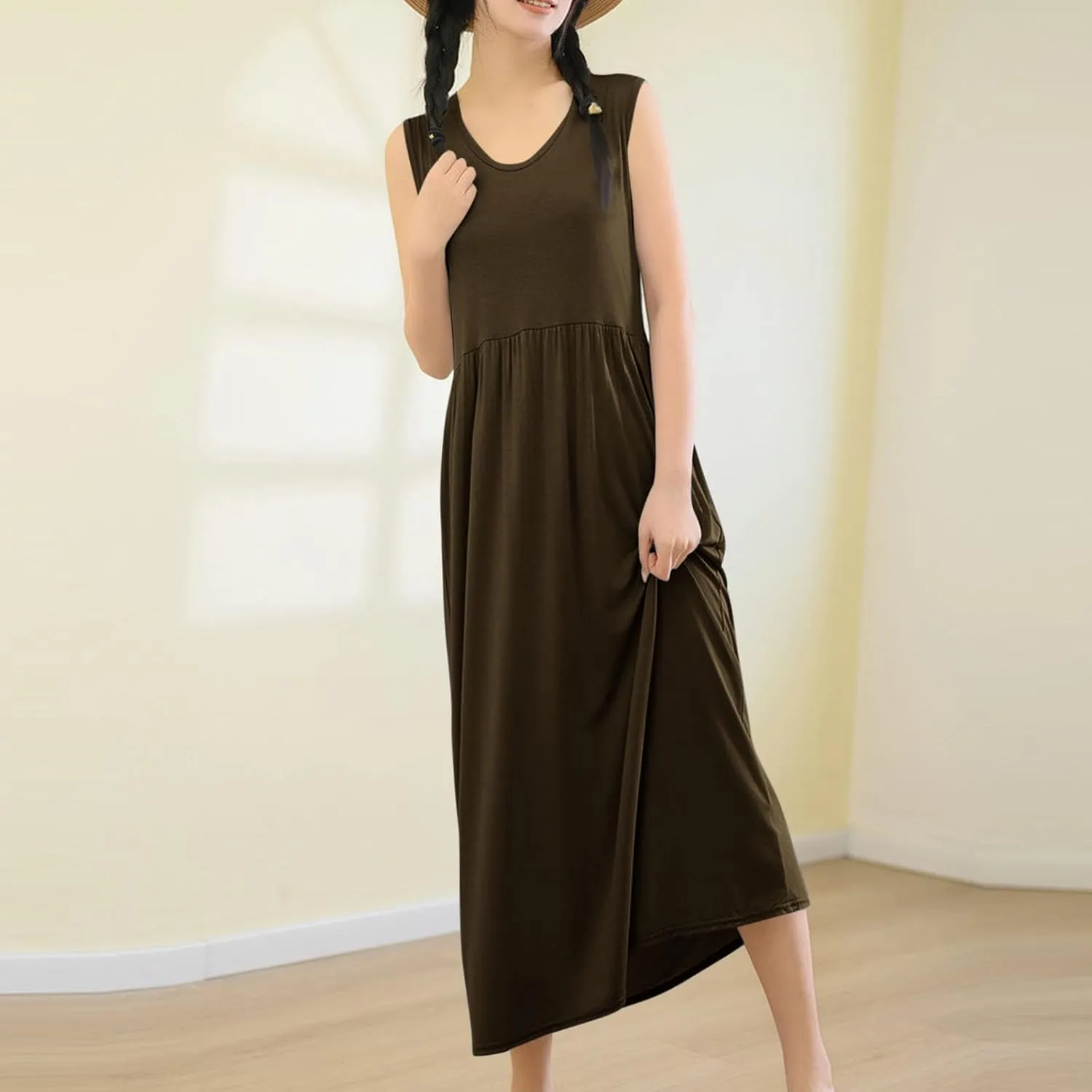 Women's Summer Sleeveless Nightgown Loose Crew Neck Pleated Sleepshirts Comfy Soft Modal Sleepwear Nightdress