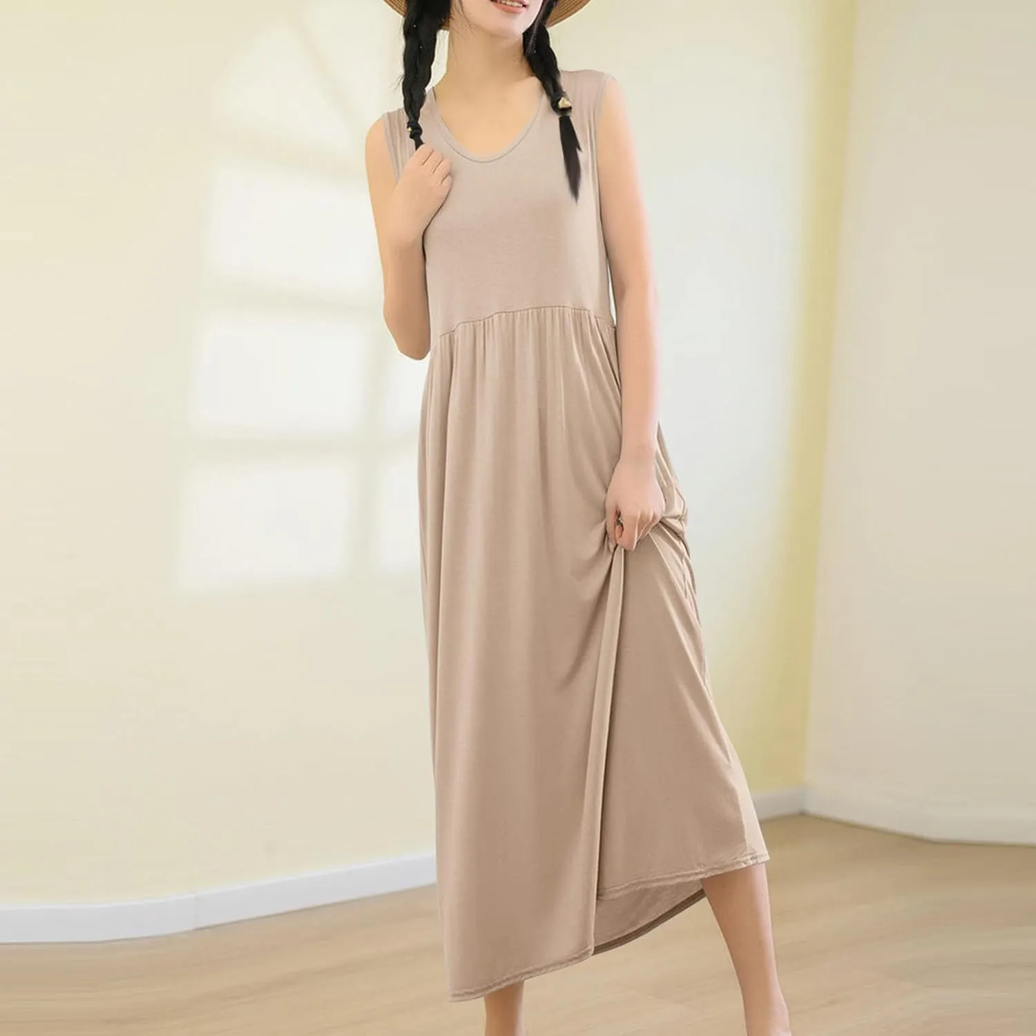 Women's Summer Sleeveless Nightgown Loose Crew Neck Pleated Sleepshirts Comfy Soft Modal Sleepwear Nightdress