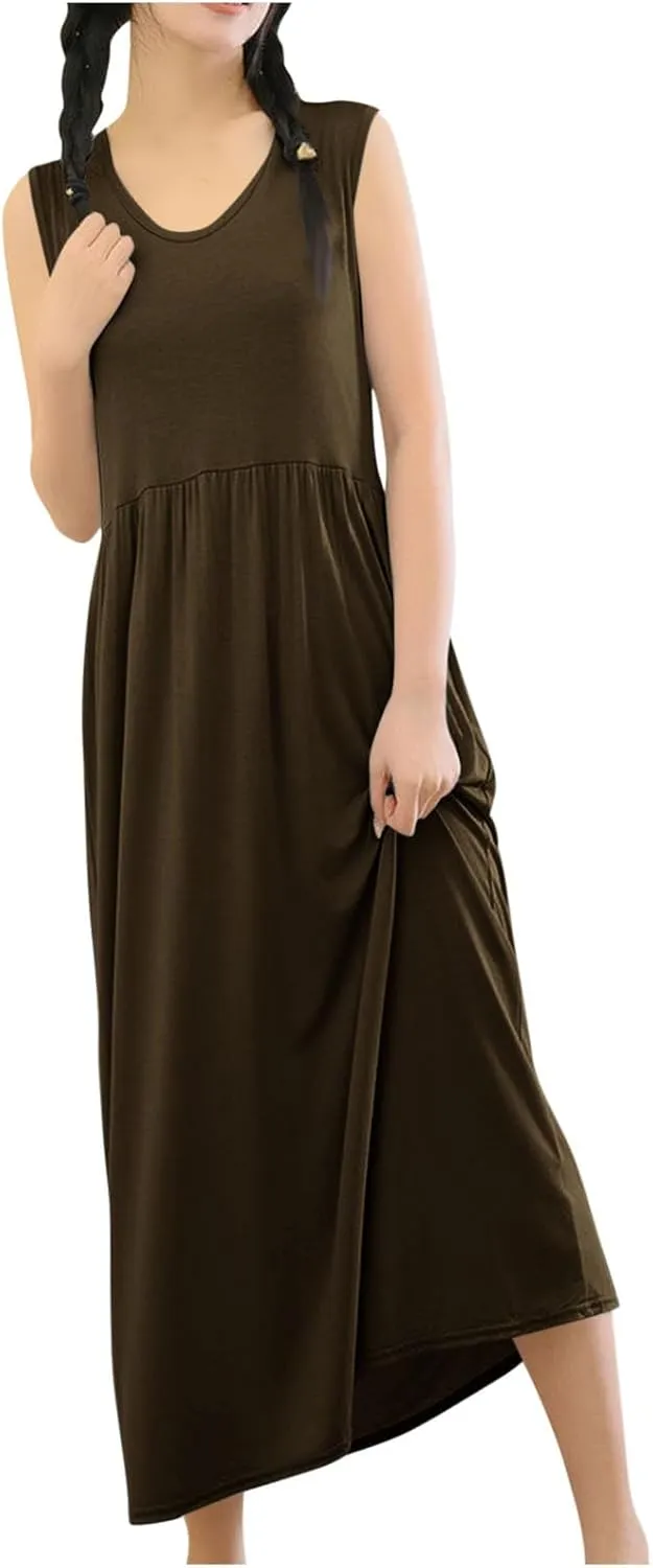Women's Summer Sleeveless Nightgown Loose Crew Neck Pleated Sleepshirts Comfy Soft Modal Sleepwear Nightdress