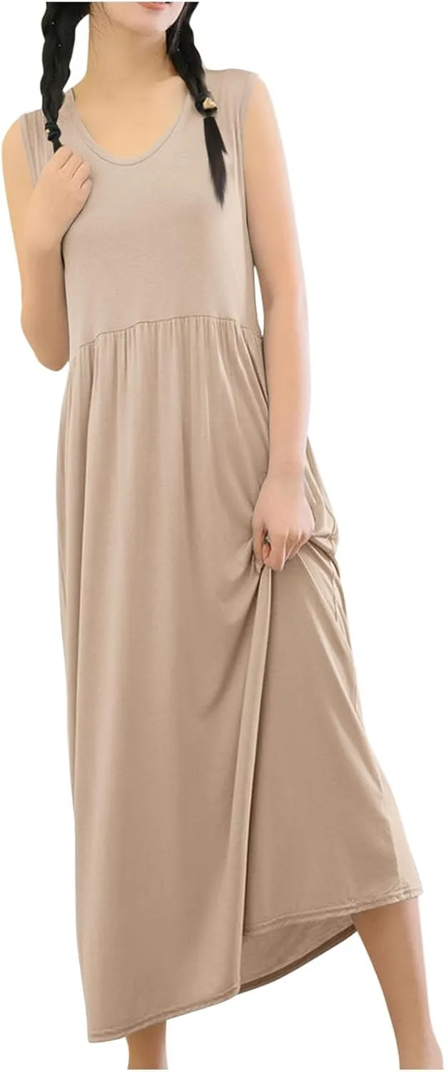 Women's Summer Sleeveless Nightgown Loose Crew Neck Pleated Sleepshirts Comfy Soft Modal Sleepwear Nightdress