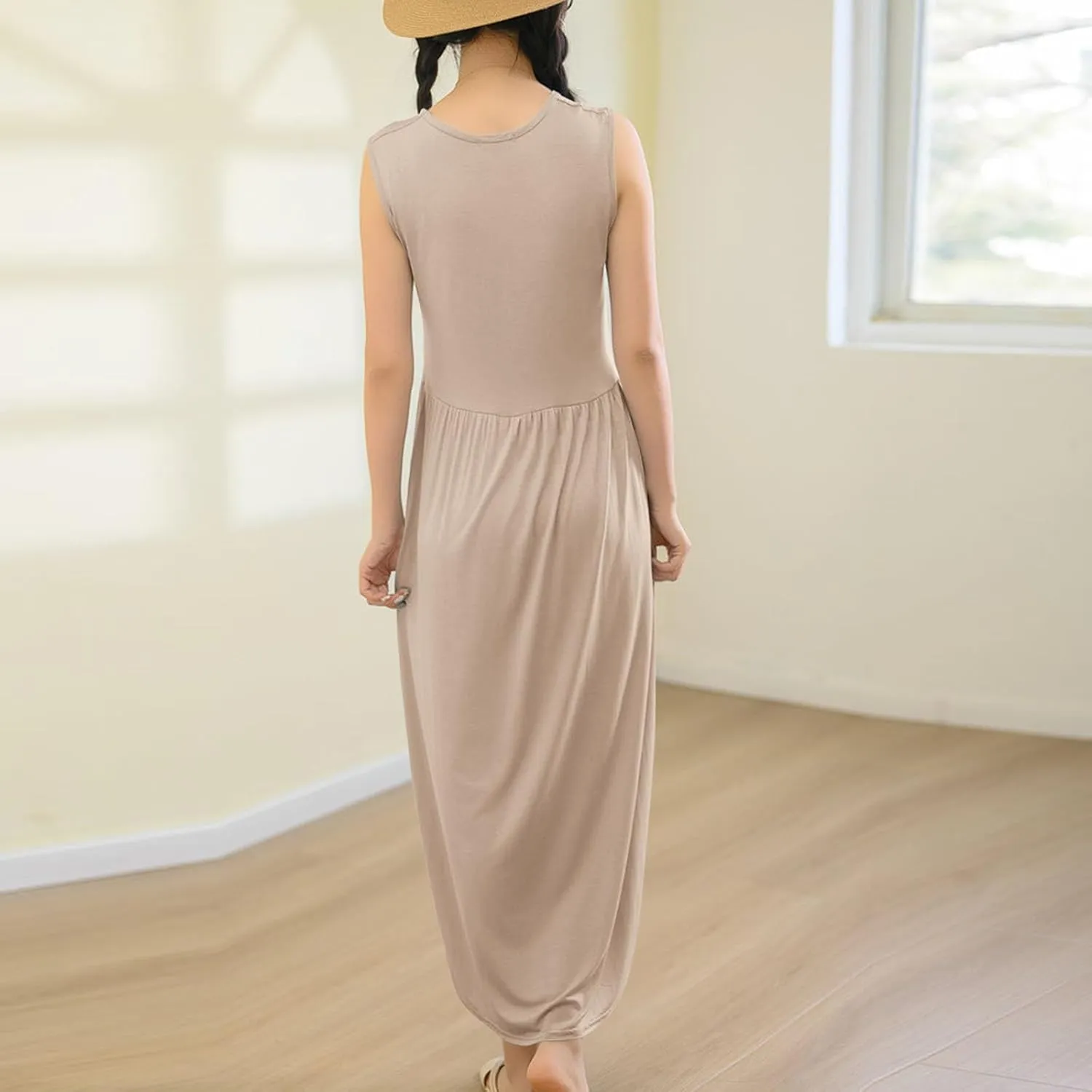 Women's Summer Sleeveless Nightgown Loose Crew Neck Pleated Sleepshirts Comfy Soft Modal Sleepwear Nightdress