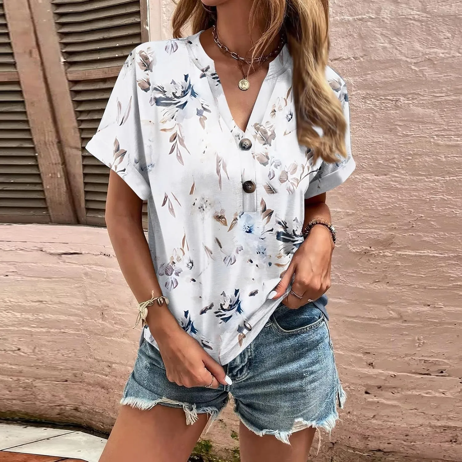 Womens Summer Tops 2024 V Neck Short Sleeve Button Casual Loose Shirts Dressy Blouses Trendy Tunic Tops for Women