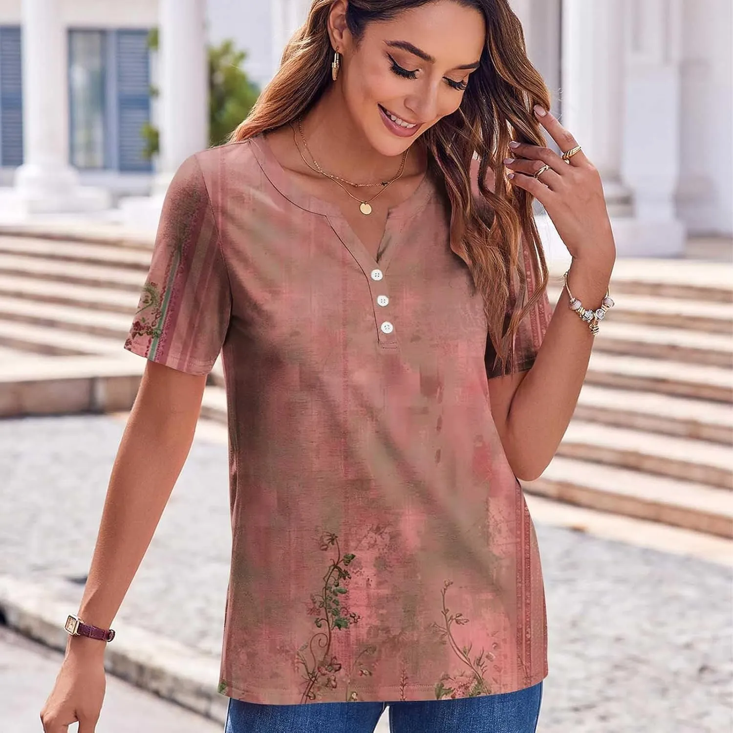 Womens Summer Tops Short Sleeve V Neck Henley Tops Floral Shirts Elegant Dressy Blouse Tunic Causal Loose Fit Tees