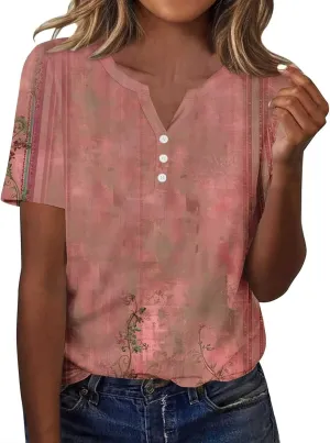 Womens Summer Tops Short Sleeve V Neck Henley Tops Floral Shirts Elegant Dressy Blouse Tunic Causal Loose Fit Tees