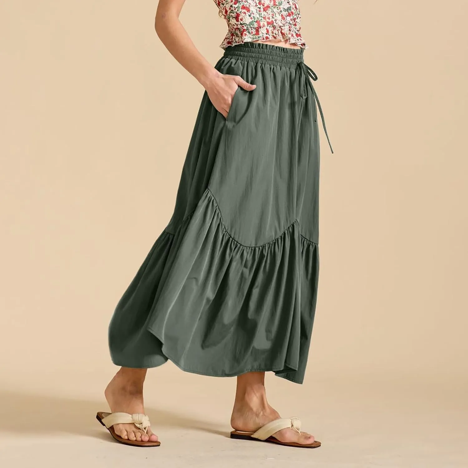 Womens Summer Vacation Beach Maxi Skirts Elastic High Waist Tiered Skirt A Line Ruffle Swing Long Dress
