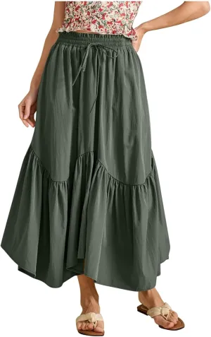 Womens Summer Vacation Beach Maxi Skirts Elastic High Waist Tiered Skirt A Line Ruffle Swing Long Dress