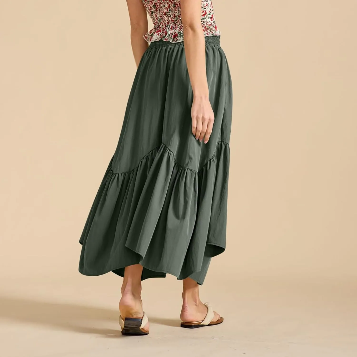 Womens Summer Vacation Beach Maxi Skirts Elastic High Waist Tiered Skirt A Line Ruffle Swing Long Dress