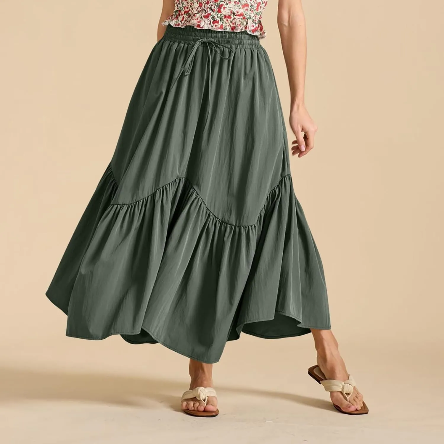 Womens Summer Vacation Beach Maxi Skirts Elastic High Waist Tiered Skirt A Line Ruffle Swing Long Dress