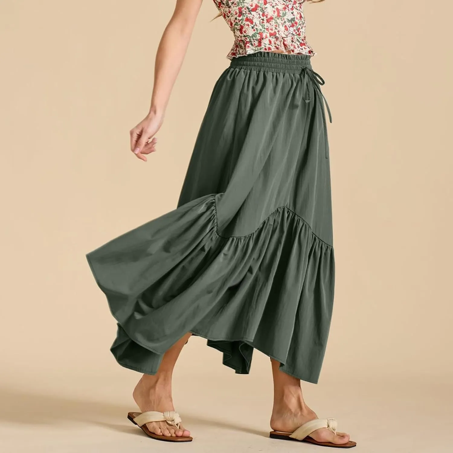 Womens Summer Vacation Beach Maxi Skirts Elastic High Waist Tiered Skirt A Line Ruffle Swing Long Dress