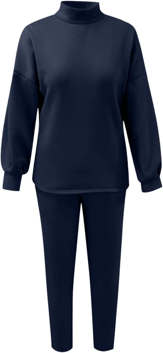 Womens Sweatsuits 2 Piece Set Casual Turtleneck Sweatshirt Solid Tracksuit Pullover Tops and Pants Set with Pockets