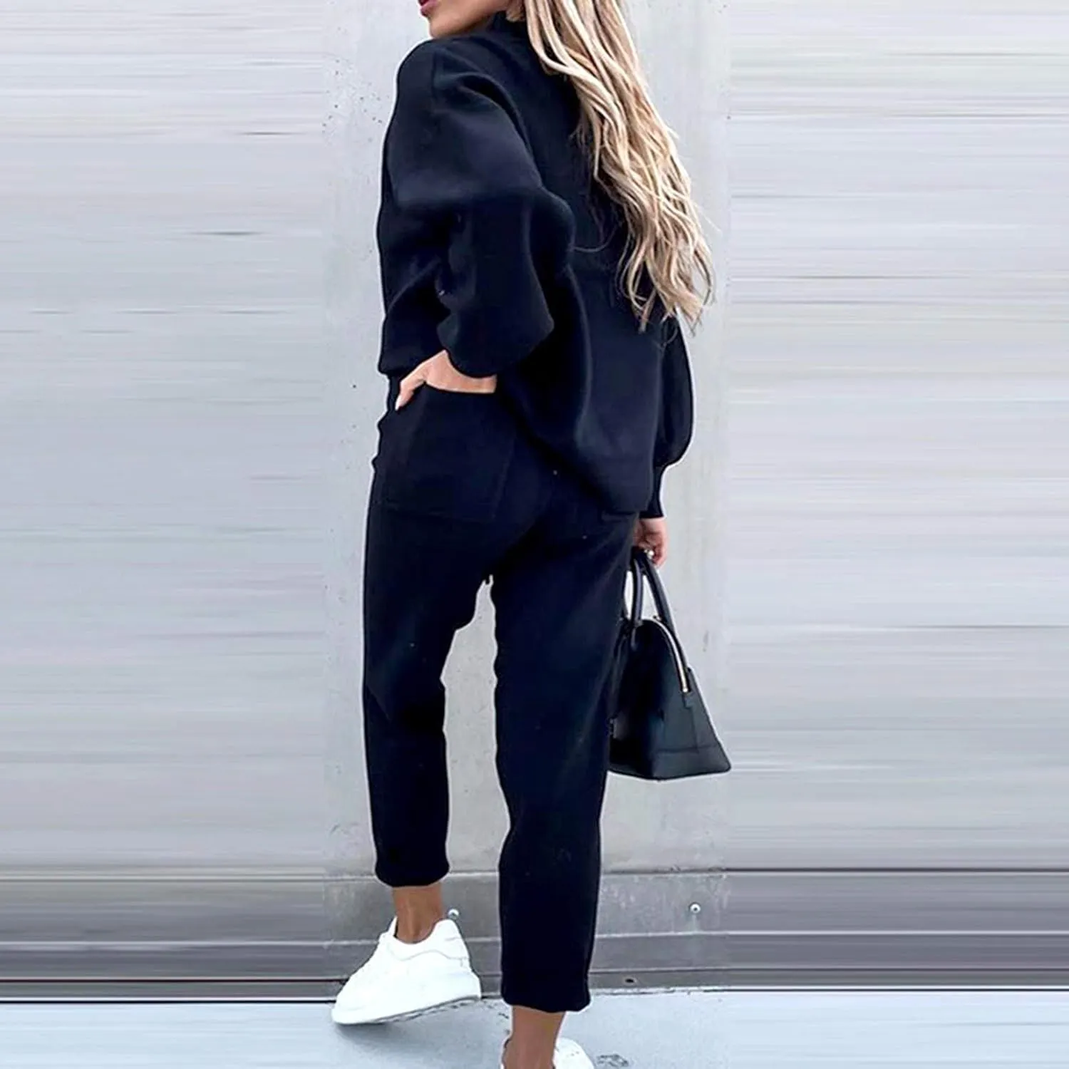 Womens Sweatsuits 2 Piece Set Casual Turtleneck Sweatshirt Solid Tracksuit Pullover Tops and Pants Set with Pockets