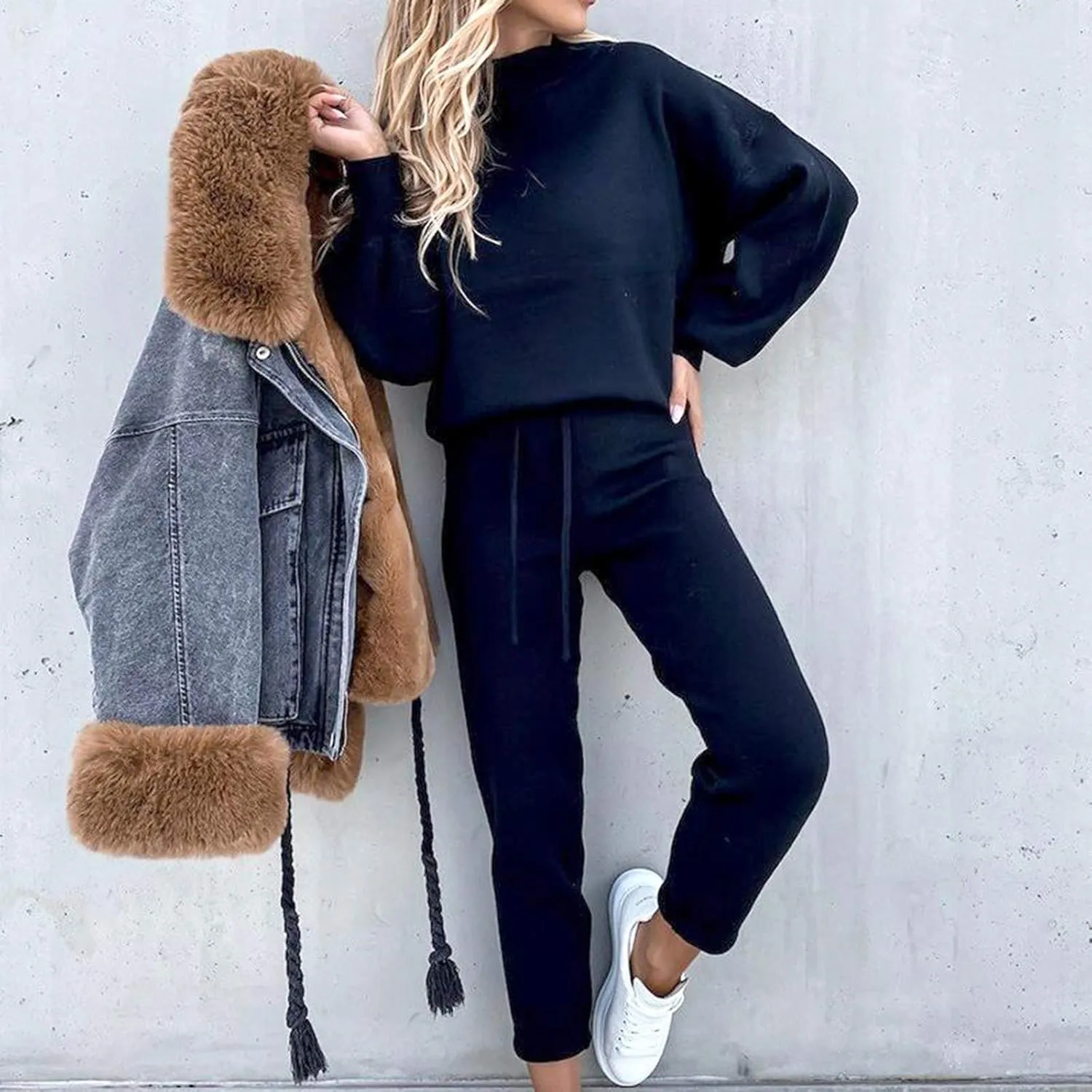 Womens Sweatsuits 2 Piece Set Casual Turtleneck Sweatshirt Solid Tracksuit Pullover Tops and Pants Set with Pockets