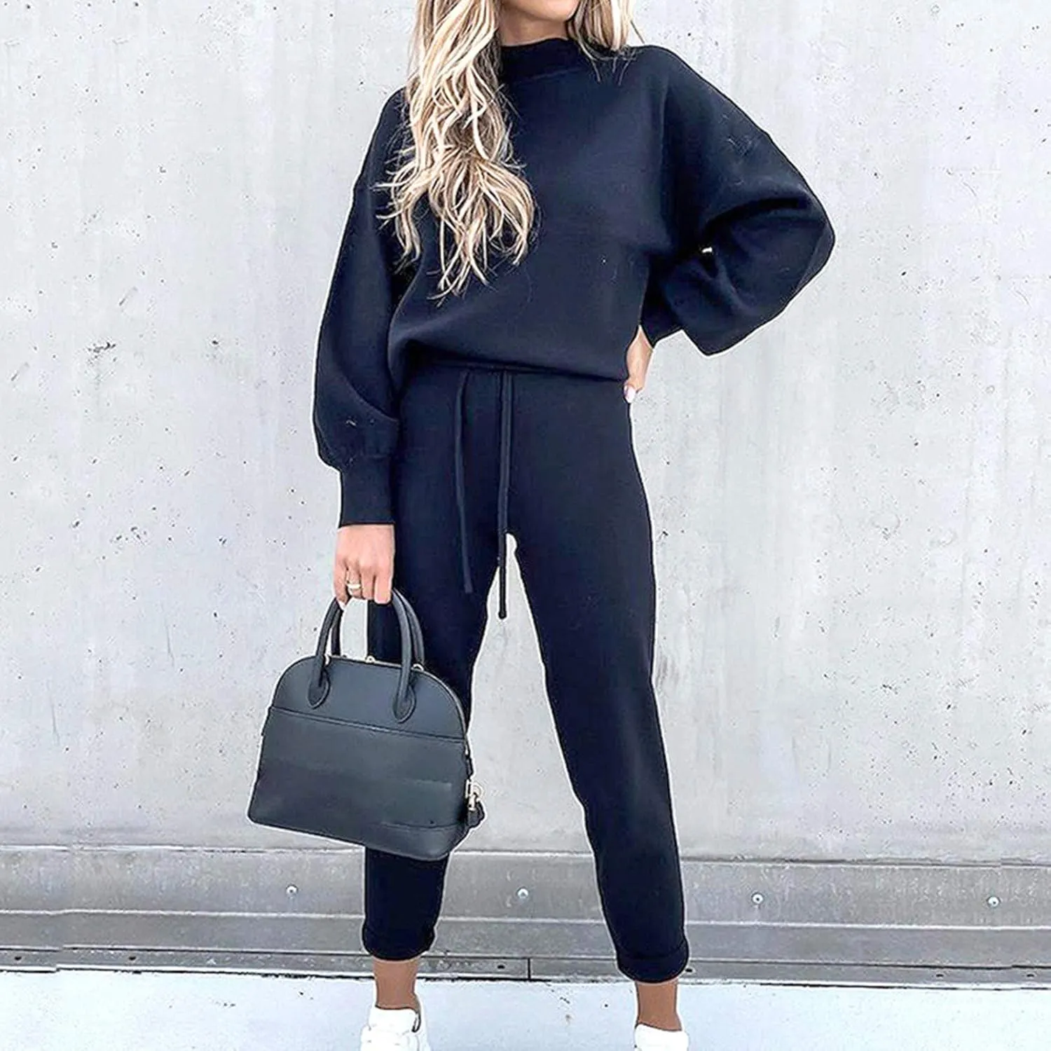 Womens Sweatsuits 2 Piece Set Casual Turtleneck Sweatshirt Solid Tracksuit Pullover Tops and Pants Set with Pockets