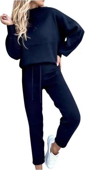 Womens Sweatsuits 2 Piece Set Casual Turtleneck Sweatshirt Solid Tracksuit Pullover Tops and Pants Set with Pockets