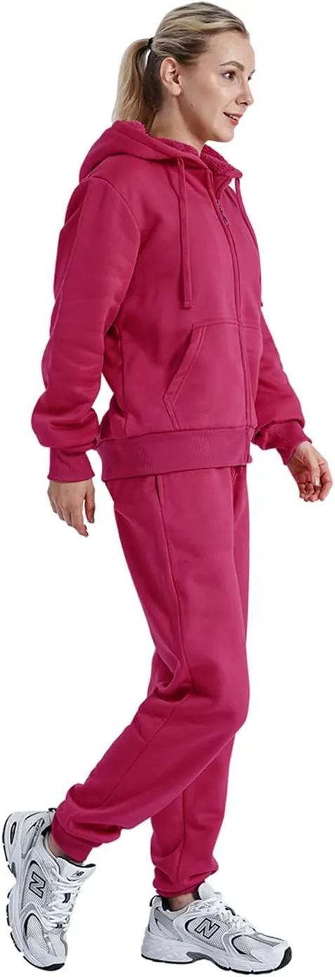 Womens Sweatsuits Sets Casual Fur Lining Fleece Hoody Sweatshirt and Sweatpants Athletic Clothing Sets