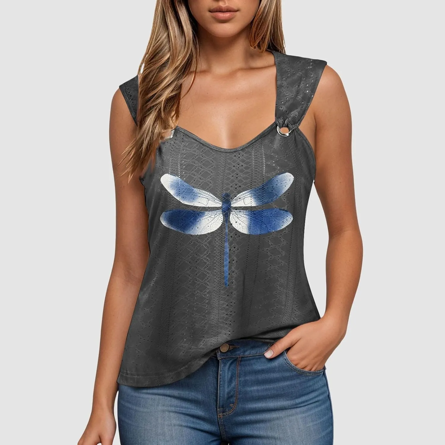 Womens Tank Tops Loose Fit Summer Tank Cute Tops Women Casual Sleeveless Shirt Scoop Neck O Ring Shoulder Blouse