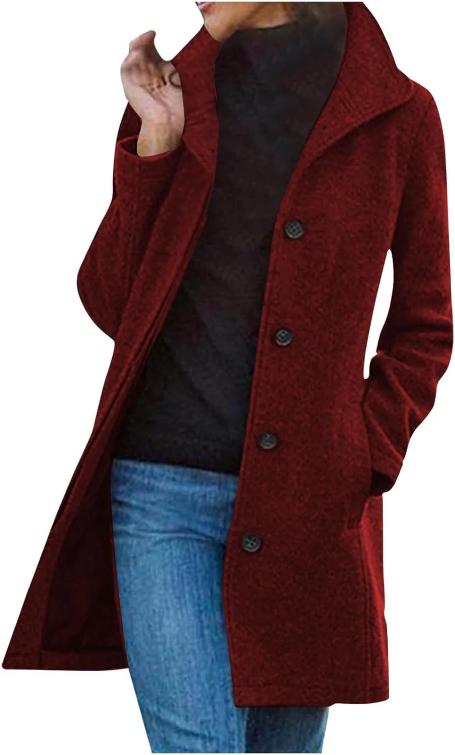 Women's Thicken Single Breasted Pea Coat Stand Collar Mid Long Wool Coats with Pockets Casual Trench Coat Overcoat