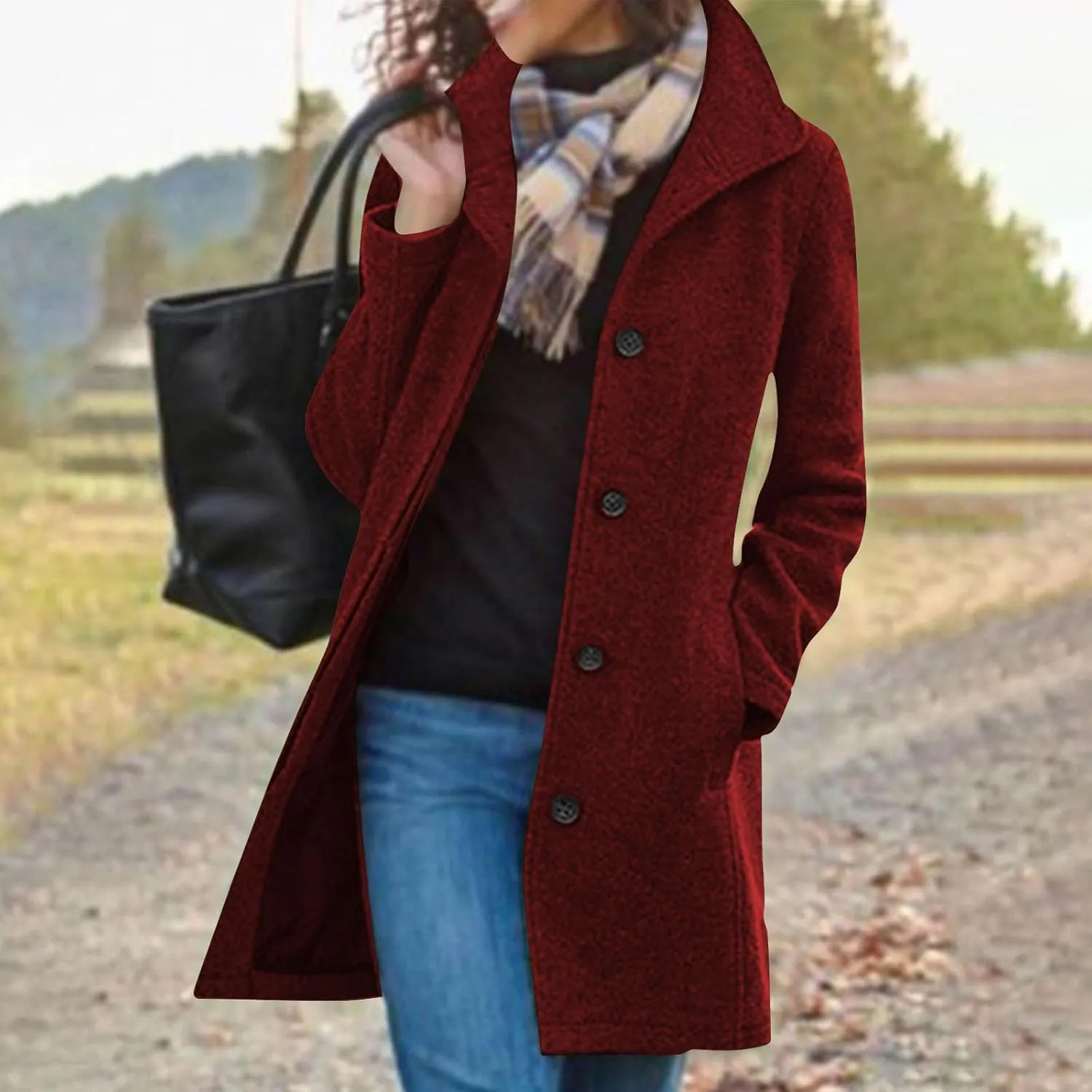 Women's Thicken Single Breasted Pea Coat Stand Collar Mid Long Wool Coats with Pockets Casual Trench Coat Overcoat