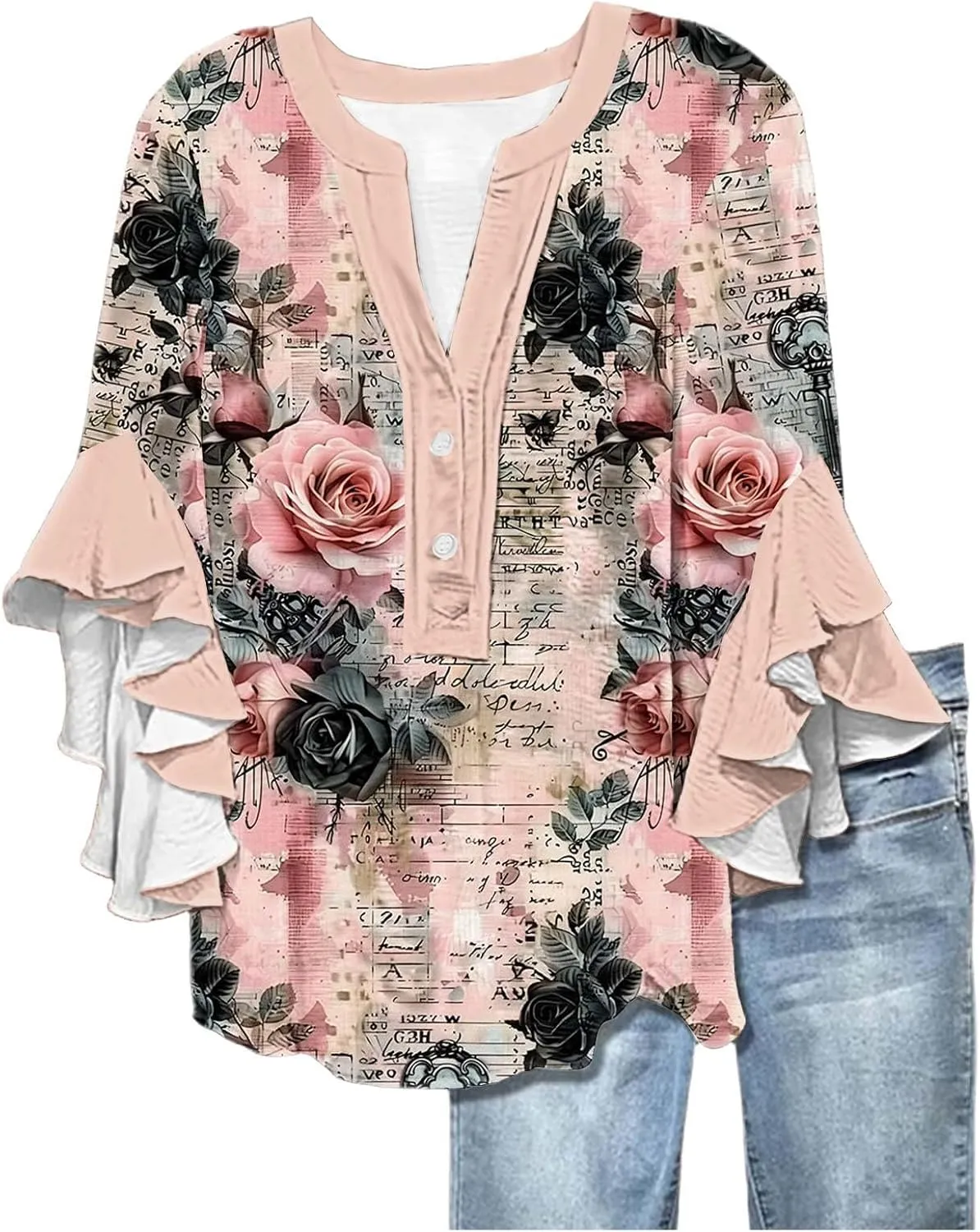 Women's Tops 3/4 Length Sleeves Floral Shirts Flowy Ruffle Sleeve Tops Half Button Down Shirt Summer V Neck Blouses