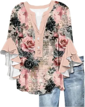 Women's Tops 3/4 Length Sleeves Floral Shirts Flowy Ruffle Sleeve Tops Half Button Down Shirt Summer V Neck Blouses