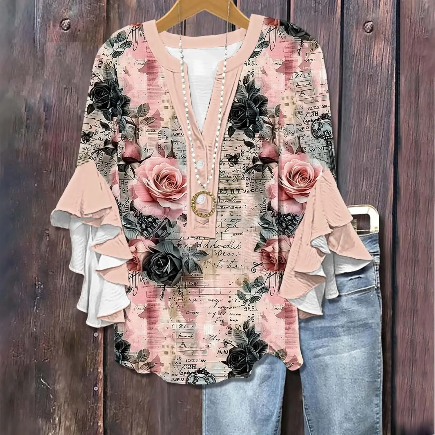 Women's Tops 3/4 Length Sleeves Floral Shirts Flowy Ruffle Sleeve Tops Half Button Down Shirt Summer V Neck Blouses