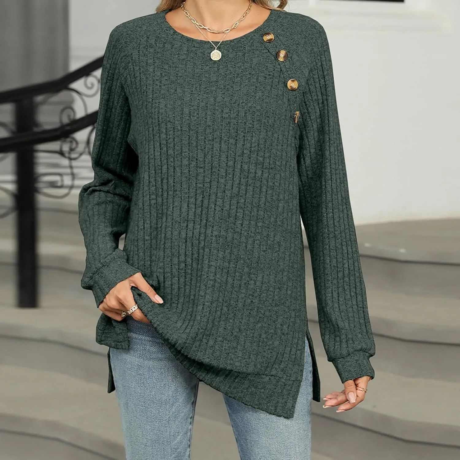 Womens Tops Color Block Shirts Strip Brushed Slit Fashion Button T Shirt Long Sleeve Top Slim Fit T Shirt Tunic Top