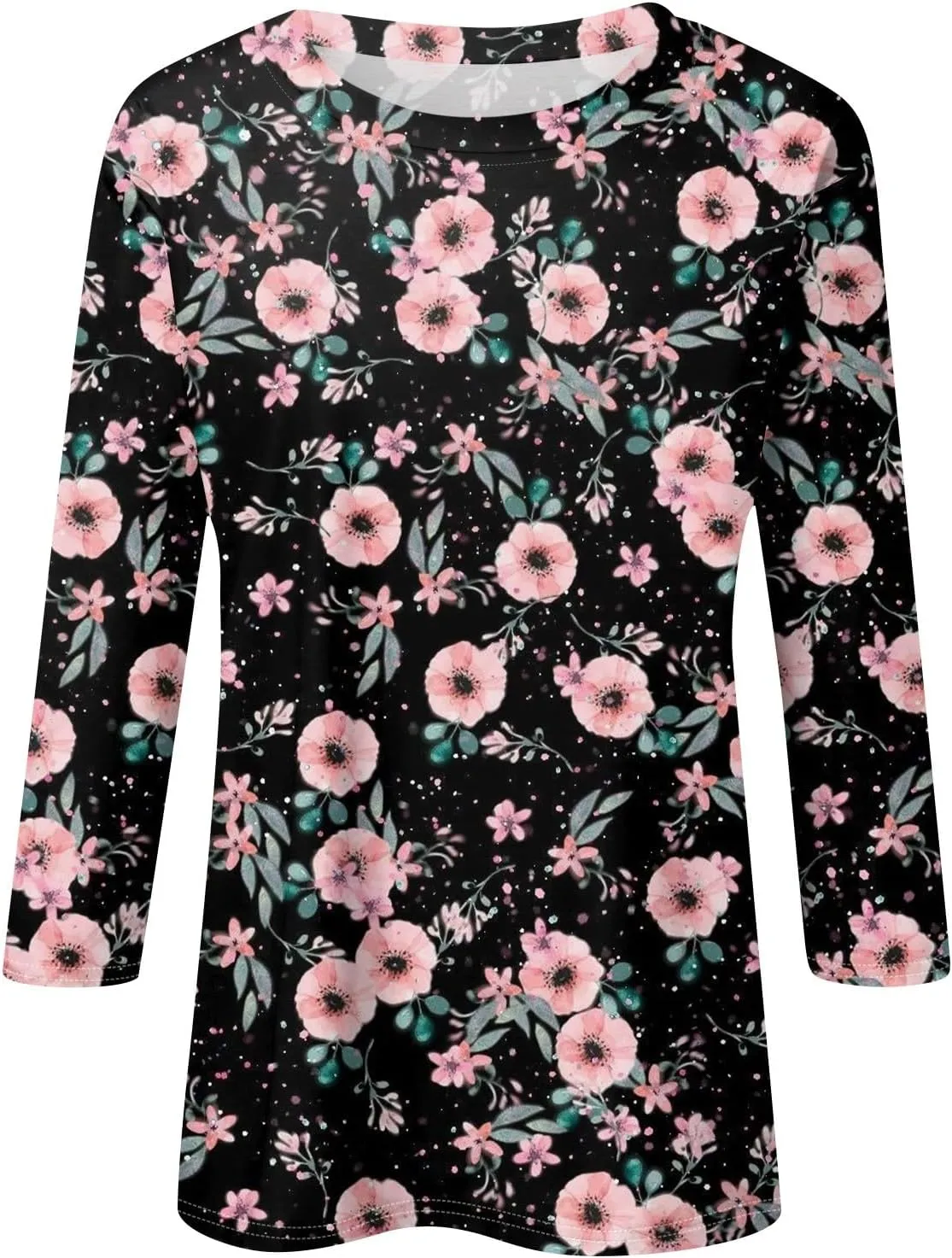 Womens Tops Dressy Casual 3/4 Sleeve,Elbow Sleeve T Shirt Top and Blouses Round Neck Shirts Flowers Graphic Tunic