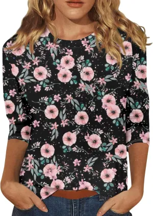 Womens Tops Dressy Casual 3/4 Sleeve,Elbow Sleeve T Shirt Top and Blouses Round Neck Shirts Flowers Graphic Tunic