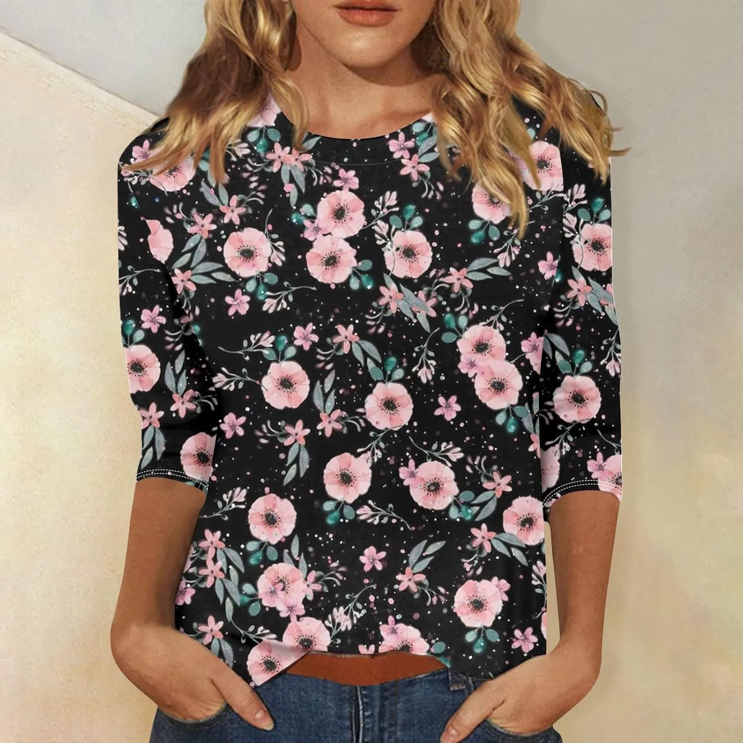 Womens Tops Dressy Casual 3/4 Sleeve,Elbow Sleeve T Shirt Top and Blouses Round Neck Shirts Flowers Graphic Tunic