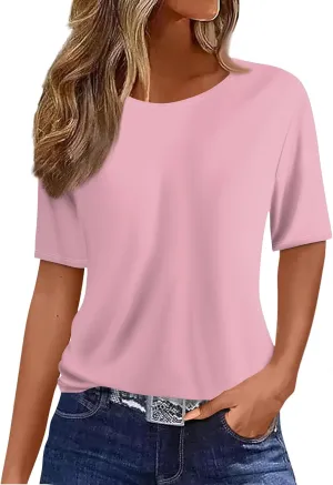 Womens Tops Dressy Casual Short Sleeve Round Neck Summer Shirts 2025 Blouses Lightweight Tees Trendy Plus Size Clothes