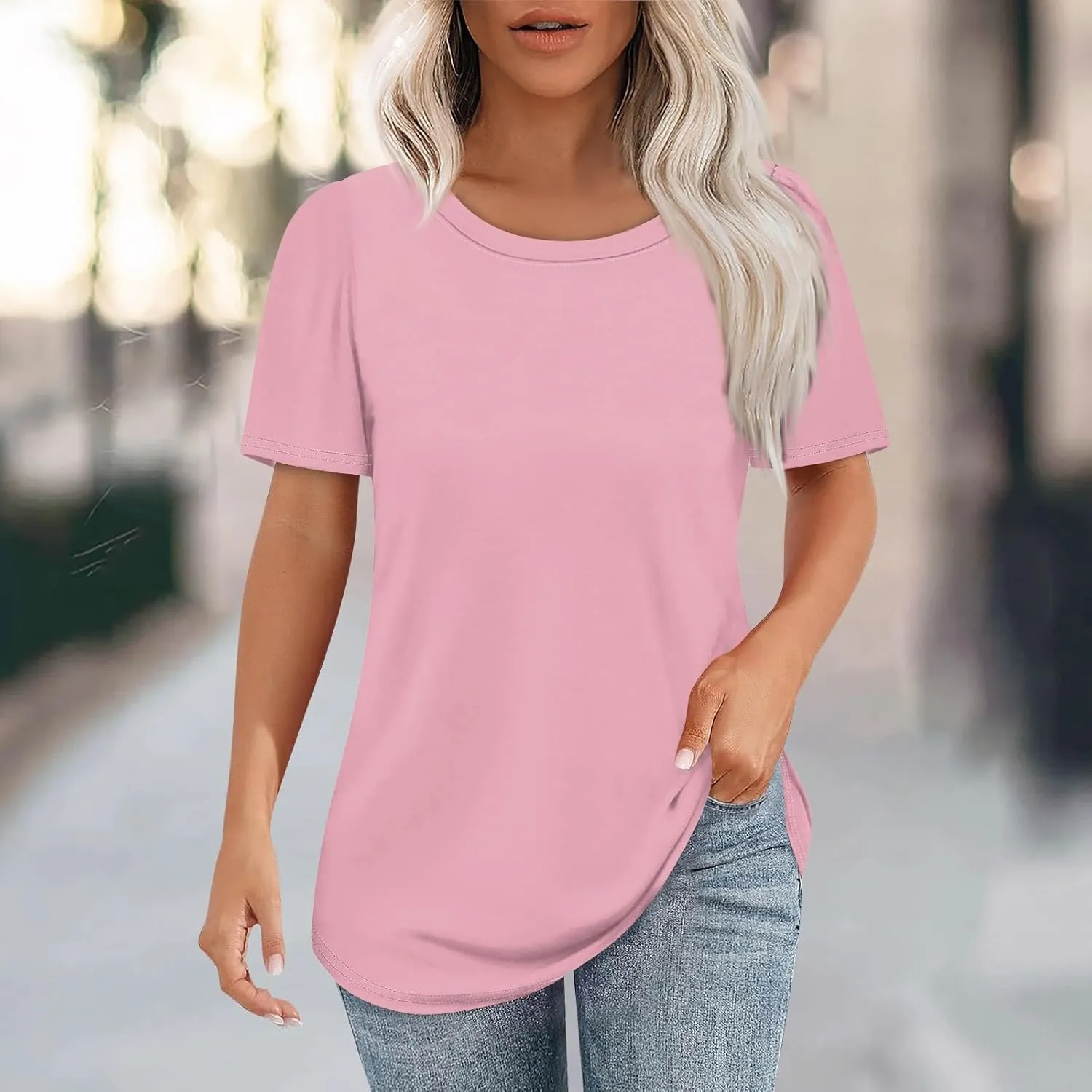 Womens Tops Dressy Casual Short Sleeve Round Neck Summer Shirts 2025 Blouses Lightweight Tees Trendy Plus Size Clothes