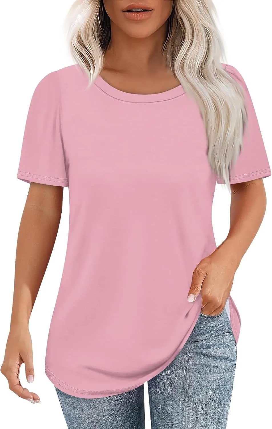 Womens Tops Dressy Casual Short Sleeve Round Neck Summer Shirts 2025 Blouses Lightweight Tees Trendy Plus Size Clothes