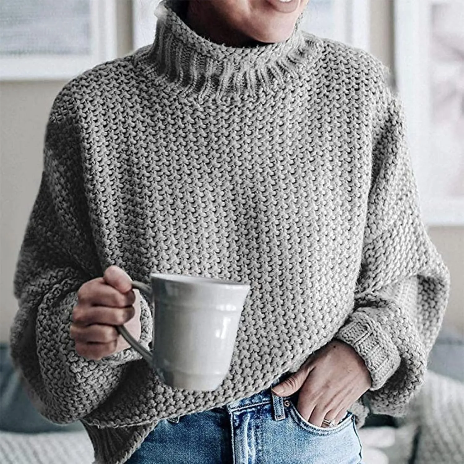 Women's Tops Fall Cable Knit Turtleneck Sweater Women Solid Color Mock Neck Knit Tops Korean Style Clothes for Women