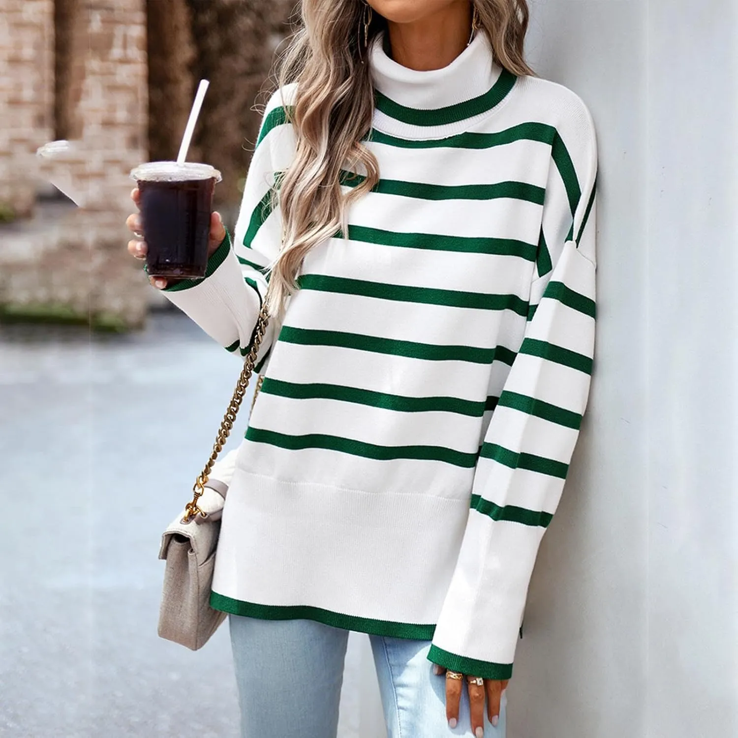Women's Trendy Fall Winter Striped Long Sleeve Turtleneck Side Slits Sweater Knit Casual Oversized Loose Pullover Tops