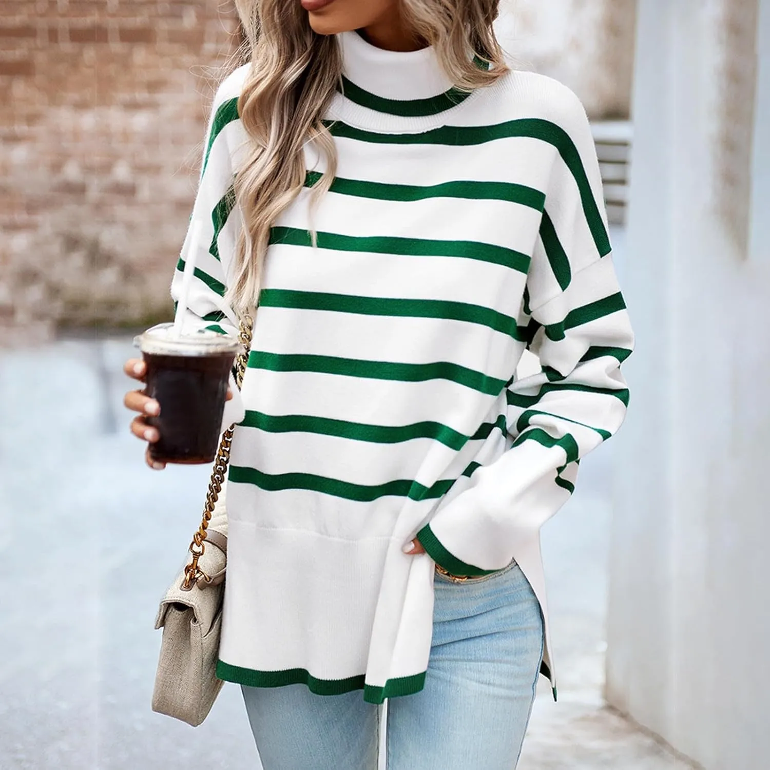 Women's Trendy Fall Winter Striped Long Sleeve Turtleneck Side Slits Sweater Knit Casual Oversized Loose Pullover Tops