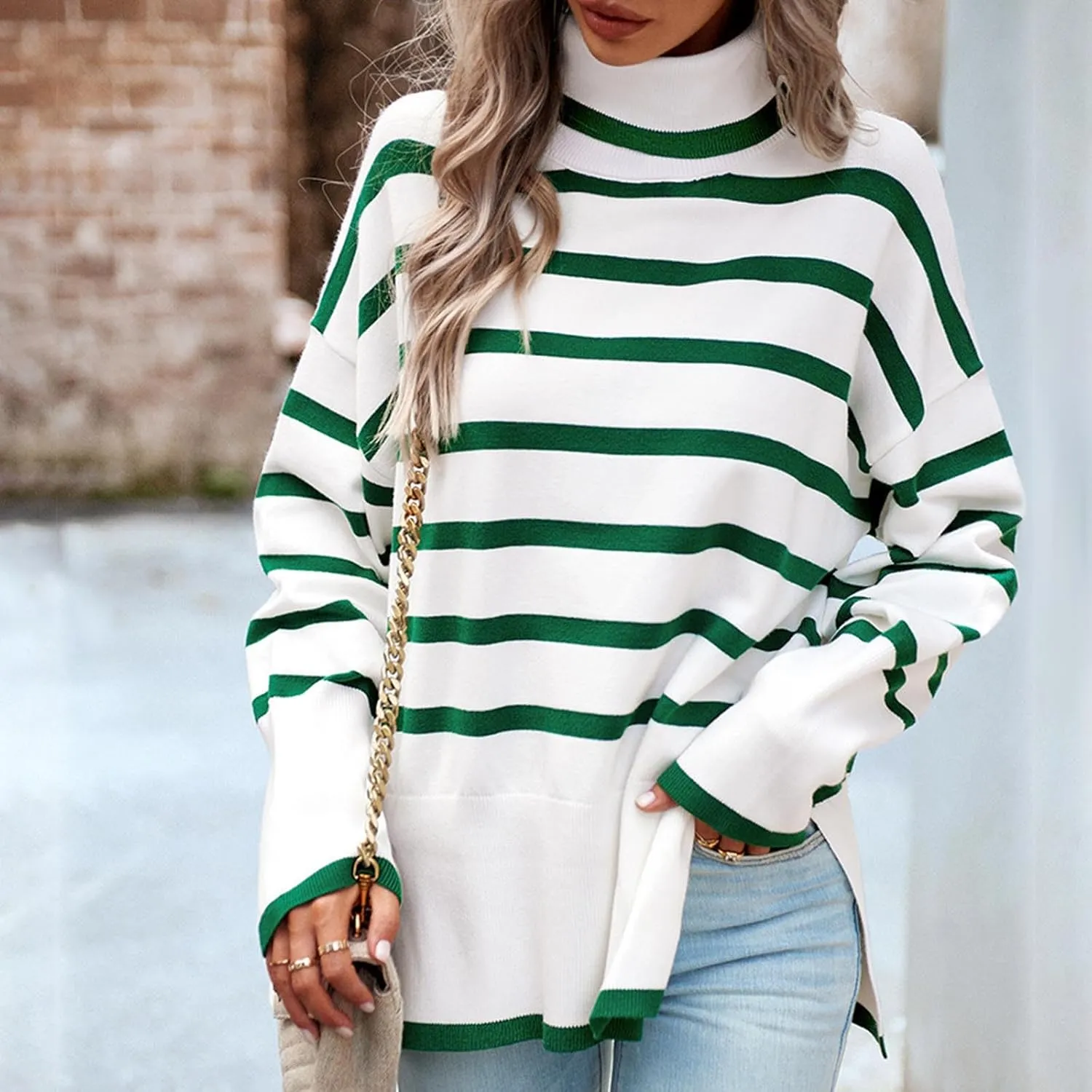 Women's Trendy Fall Winter Striped Long Sleeve Turtleneck Side Slits Sweater Knit Casual Oversized Loose Pullover Tops