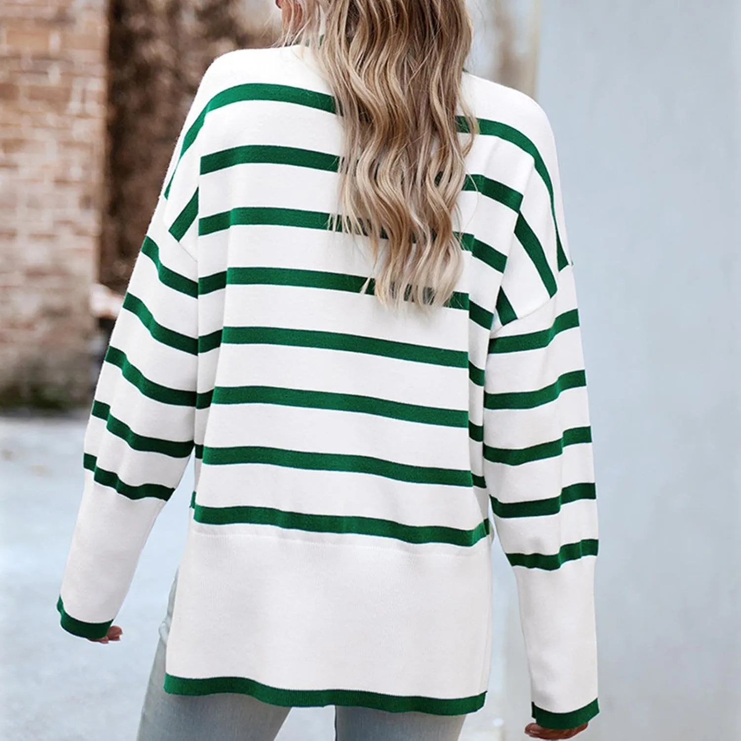 Women's Trendy Fall Winter Striped Long Sleeve Turtleneck Side Slits Sweater Knit Casual Oversized Loose Pullover Tops