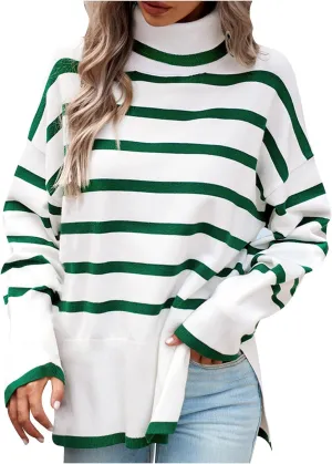 Women's Trendy Fall Winter Striped Long Sleeve Turtleneck Side Slits Sweater Knit Casual Oversized Loose Pullover Tops