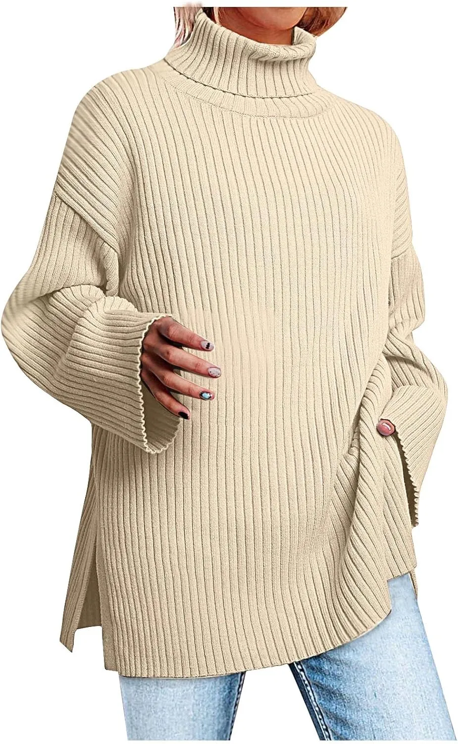 Women's Turtleneck Pullover Sweaters Oversized 2023 Fall Long Sleeve Spilt Hem Tunic Fashion Striped Ribbed Knit Tops