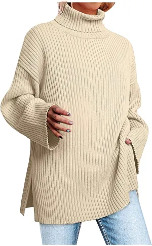 Women's Turtleneck Pullover Sweaters Oversized 2023 Fall Long Sleeve Spilt Hem Tunic Fashion Striped Ribbed Knit Tops