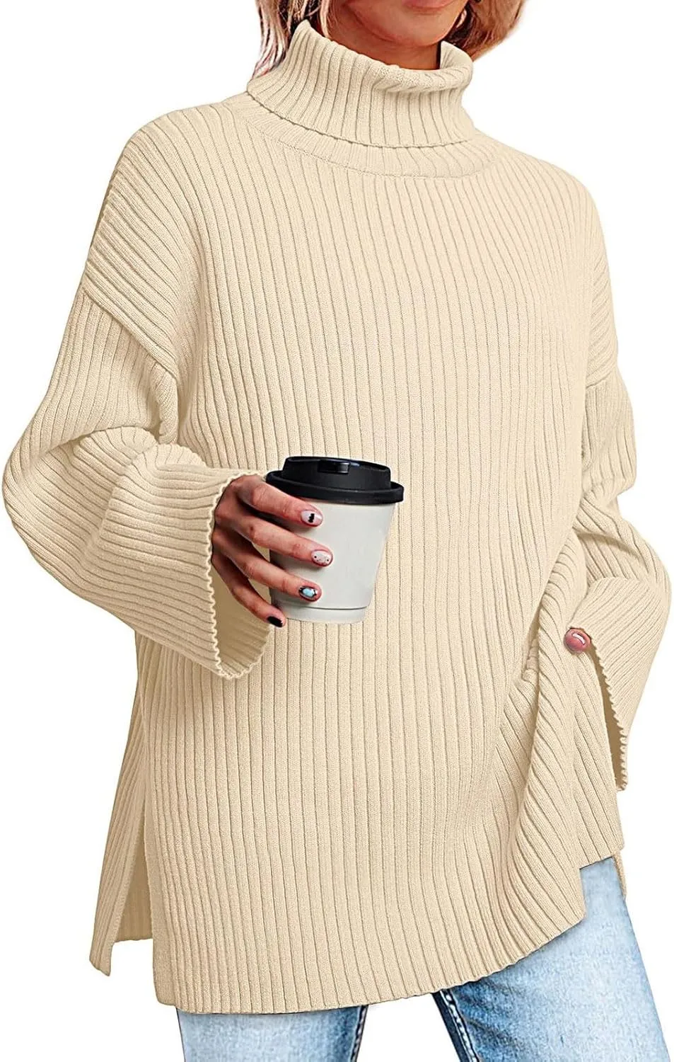Women's Turtleneck Pullover Sweaters Oversized 2023 Fall Long Sleeve Spilt Hem Tunic Fashion Striped Ribbed Knit Tops