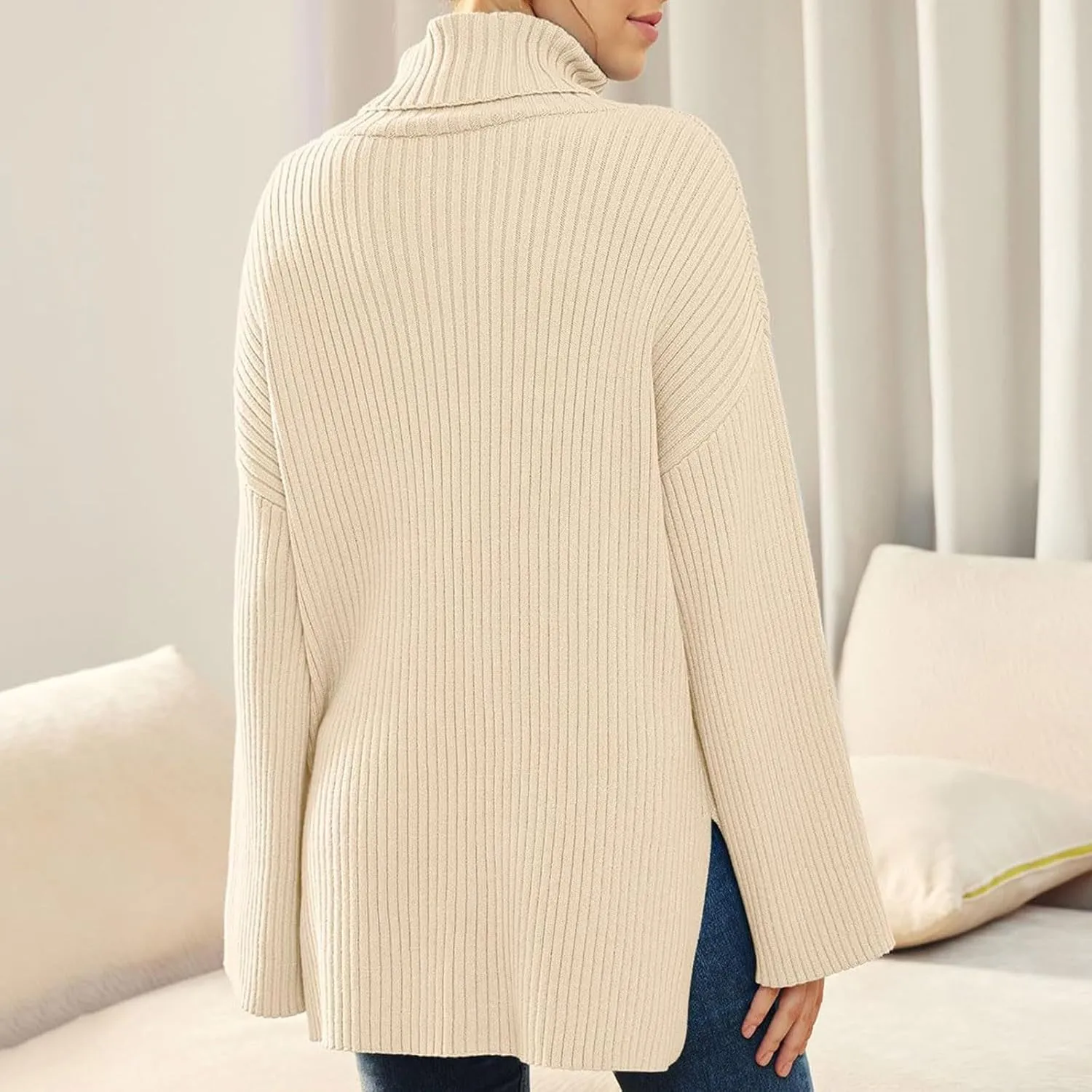 Women's Turtleneck Pullover Sweaters Oversized 2023 Fall Long Sleeve Spilt Hem Tunic Fashion Striped Ribbed Knit Tops
